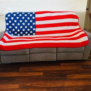Beautiful Hand Knit Crocheted American Flag Afghan Throw Blanket 84” X 51”